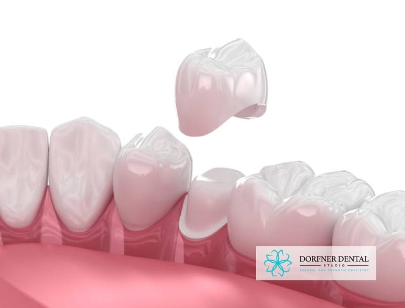 A 3D rendering of a dental crown being placed on a tooth with the Dorfner Dental Studio logo in the corner.
