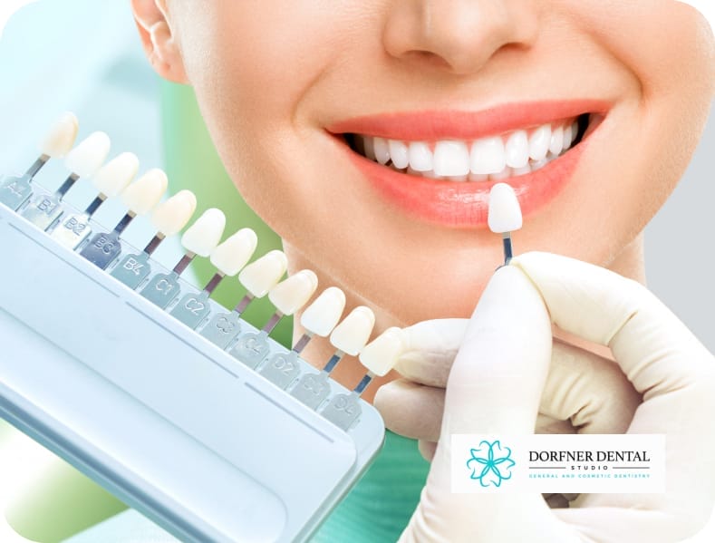 Illustration capturing the process of selecting veneers, featuring various samples of veneer materials, shades, and textures laid out for consideration, with a focus on matching patient preferences and natural tooth characteristics.