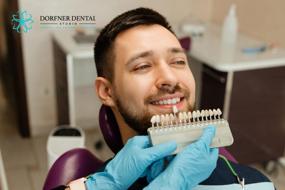 A dentist comparing tooth shades to a male patient’s teeth using a shade guide, with the Dorfner Dental Studio logo in the corner.