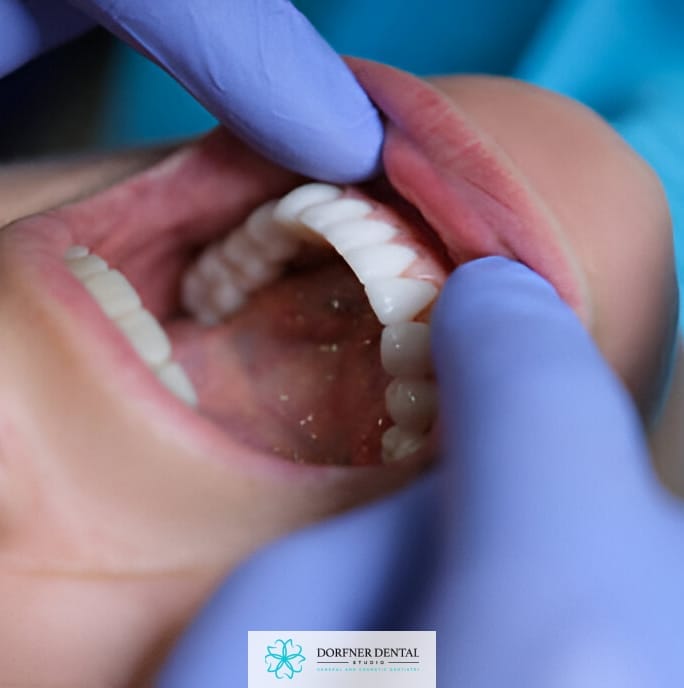 A dental professional adjusting a set of dentures in a patient's mouth, with the Dorfner Dental Studio logo in the corner.