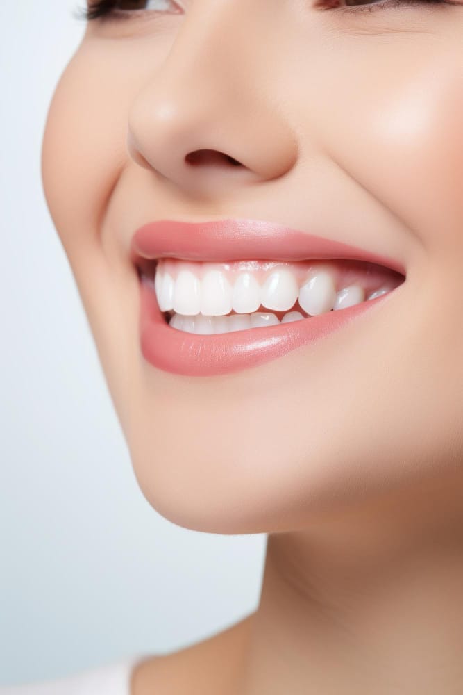 A close-up of a woman smiling with bright, white teeth.