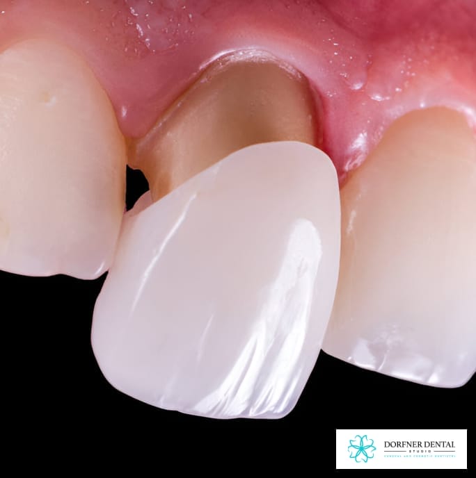 A close-up view of a dental veneer being applied to a tooth, with the Dorfner Dental Studio logo in the corner.