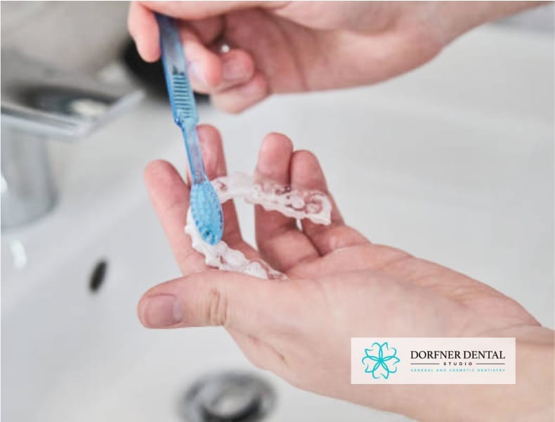 A person cleaning a dental aligner with a toothbrush over a sink, with the Dorfner Dental Studio logo in the corner.
