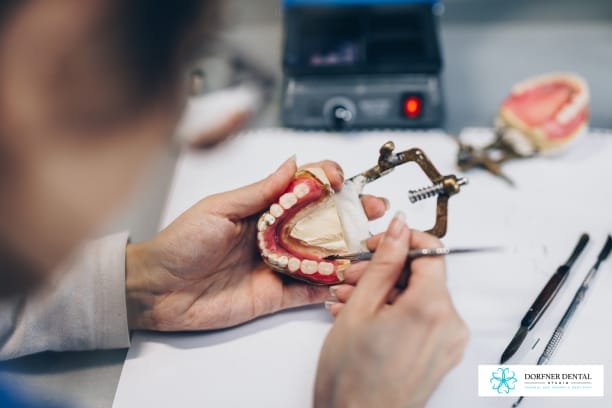 A dentist wearing a white coat and gloves, holding a model of teeth, carefully examining it with a dental tool, set against a professional clinic background.