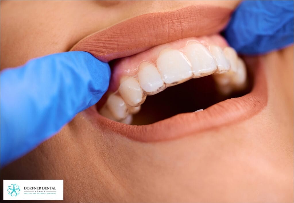 Close-up of person inserting Invisalign aligners with blue-gloved fingers