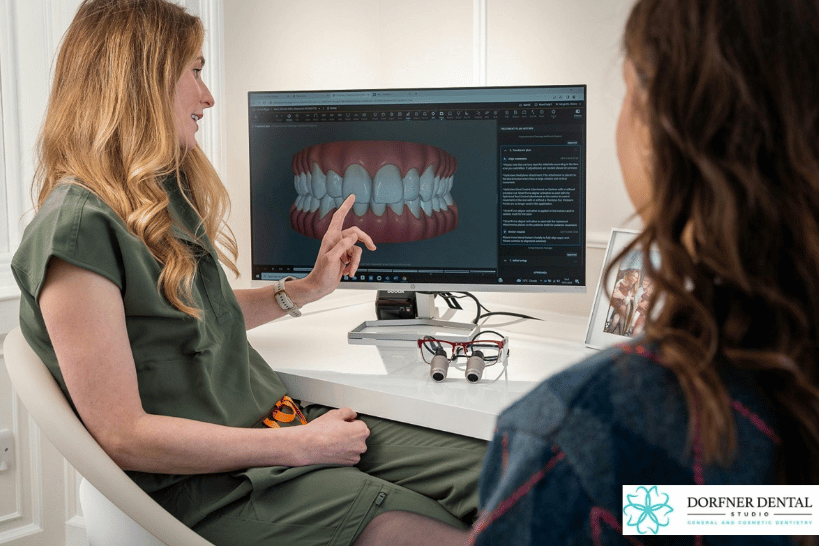 Dr. Rachel Dorfner discussing crown and bridge treatment using a digital dental model
